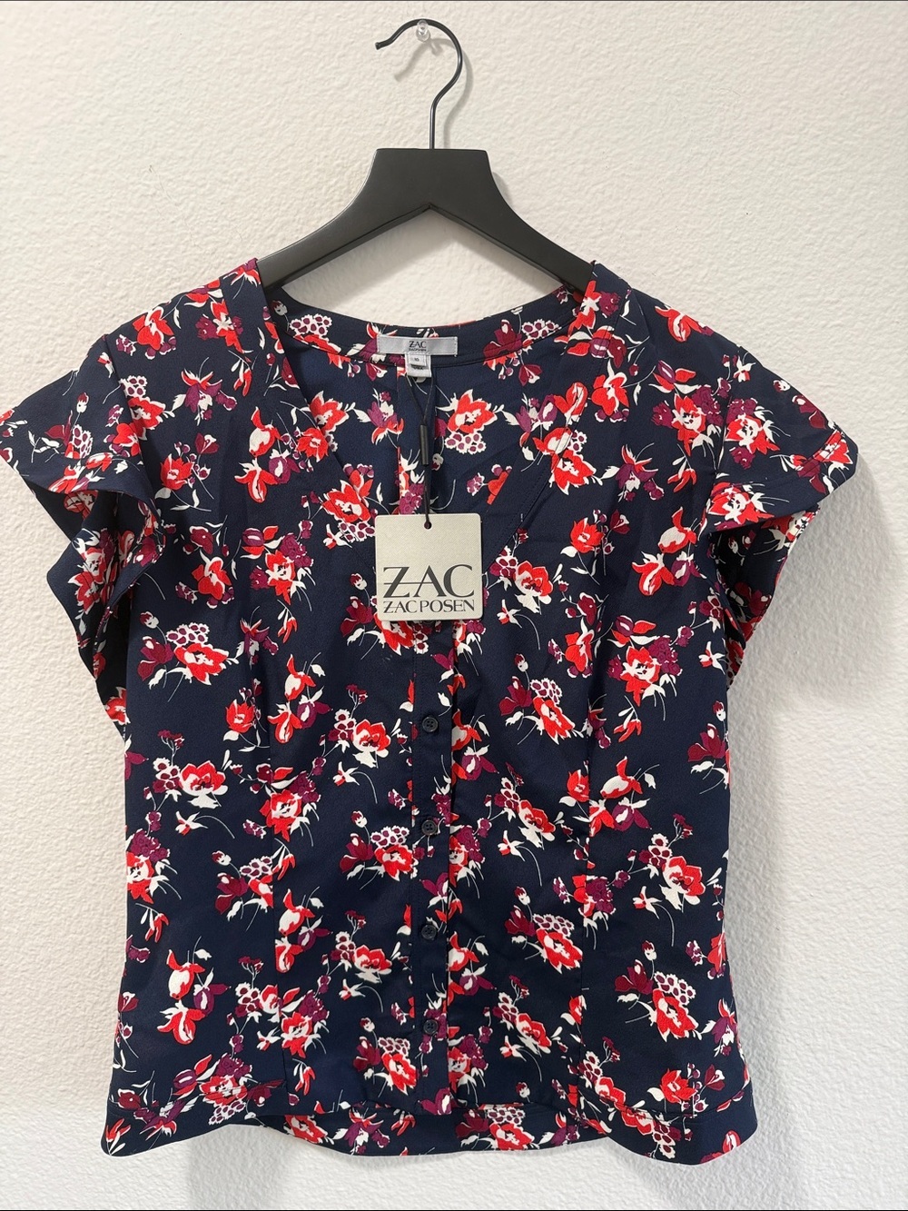 ZAC Zac Posen Navy Floral Flutter Sleeve Button-Front Blouse NWT Size 10